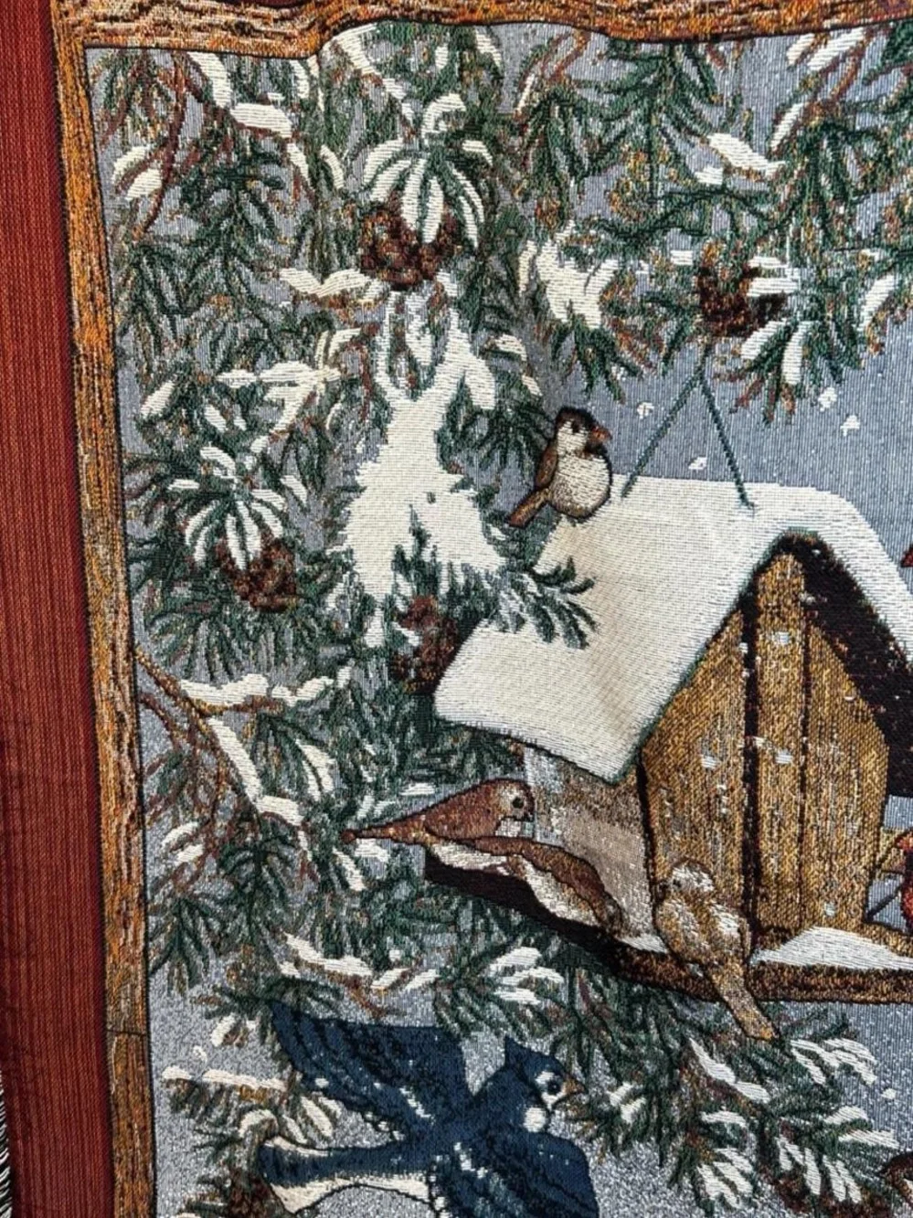 Vintage Winter Birdhouse Tapestry Throw – Cardinal & Pine Scene